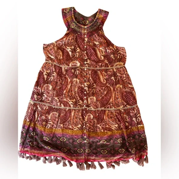 NWOT Sundance Bohemian Paisley Print Dress Tasseled - Picture 2 of 5